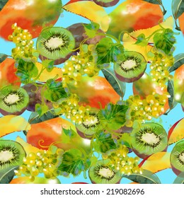 Watercolor vector fruits seamless pattern of kiwi, mango and grape