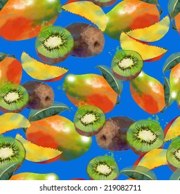 Watercolor vector fruits seamless pattern of mango and kiwi
