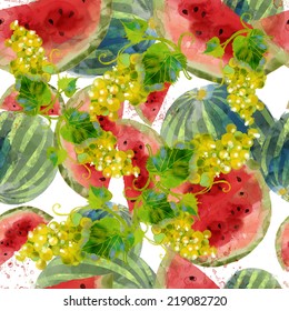 Watercolor vector fruits seamless pattern of watermelon and grape