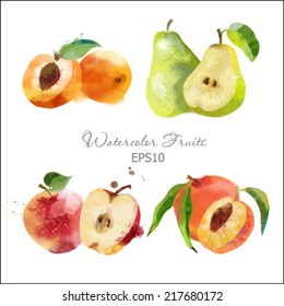 Watercolor vector fruits set of apricot, pear, peach and apple