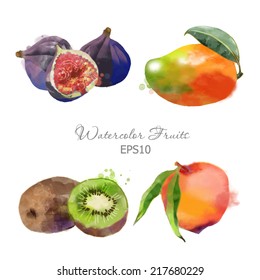 Watercolor vector fruits set of fig, kiwi, peach, mango