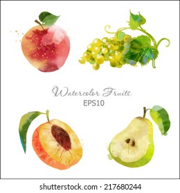 Watercolor vector fruits set of grape, apple, peach and pear