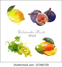 watercolor vector fruits set of lemon, grape, mango and figs