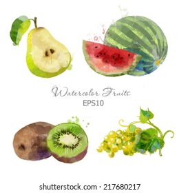 Watercolor vector fruits set of watermelon, pear, grape and kiwi