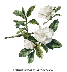 Watercolor vector of Gardenia flower, isolated on a white background, Gardenia clipart