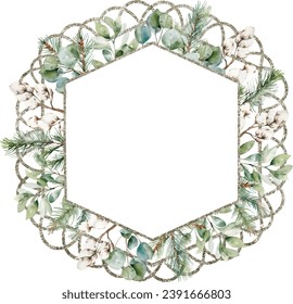 Watercolor vector Geometric brilliant silver frame with cotton, cedar branches, eucalyptus. Greenery. Template space for text, message, greeting cards, invitation, wedding card, save the date.