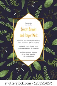 Watercolor vector geometric golden frame on a black background with green leaves of a forest fern, boxwood and eucalyptus branches. For invitations, postcards, posters, certificates, web, labels