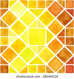 Watercolor vector geometric seamless pattern, texture.Colorful modern abstract summer background.Triangle,rhombus,square tile.Natural Yellow,brown colors.Wallpaper,backdrop,fabric,mosaic.