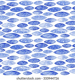 Watercolor vector geometrical seamless pattern. Colorful watercolour shapes with spots and waves tracery. Hand drawn abstract background. Shades of blue on white backdrop.