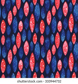 Watercolor vector geometrical seamless pattern. Colorful watercolour shapes with spots and waves tracery on dark backdrop. Hand drawn abstract background.