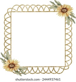Watercolor vector gold lace frame in square shape with sunflowers, Illustration. Template for gift decoration, greeting cards, invitation, wedding card, celebration, anniversary, birthday