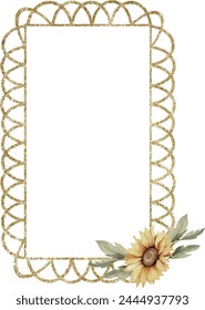 Watercolor vector gold lace frame in rectangular shape with sunflowers, Illustration. Template for gift decoration, greeting cards, invitation, wedding card, celebration, anniversary, birthday