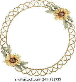 Watercolor vector gold lace frame in circle shape with sunflowers, Illustration. Floral clip art, summer clipart, top. Lace frame. Template for gift decoration, greeting cards, invitation, wedding car