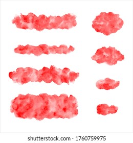 Conjunto de elementos de diseño gráfico vectorial de color de agua. Golpes de cepillo rojo sangriento, manchas, manchas ovaladas, rayas desiguales, manchas. Banner de texto de color de agua, forma de nube, plantilla de marco. Fondo pintado