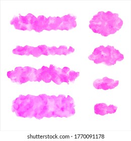 Watercolor vector graphic design elements set. Fuchsia pink brush strokes, spots, oval smears, uneven stripes, smudges. Watercolour stains text banner, cloud shape, frame template. Painted background