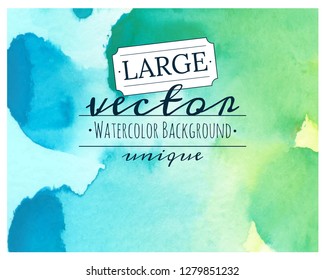 Watercolor vector green and blue background of splashes and blots. Hand drawn watercolor on paper textures.