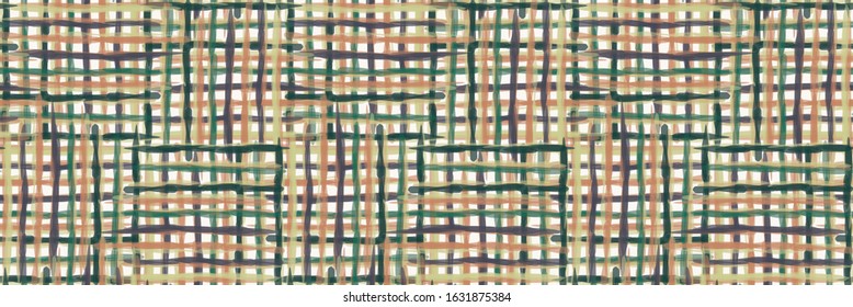 Watercolor vector grunge check border background. Horizontal wonky brush stroke tartan gingham seamless pattern. Hand painted striped streak fashion edging. Preppy modern creative ribbon trim banner.

