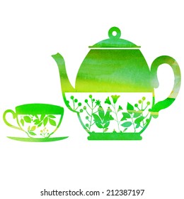 watercolor vector grunge kettle and a cup of green
