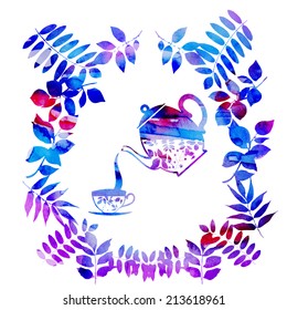 watercolor vector grunge kettle and a cup in floral frame 