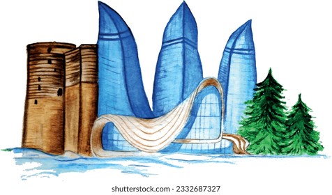 Watercolor vector hand drawing Baku, Azerbaijan. Maiden Tower, Flame Towers, Heydar Aliyev center and evergreen trees