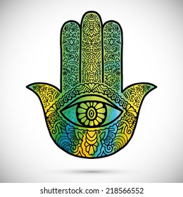 Watercolor vector hand drawn boho hamsa hand, protection amulet, symbol of strength and happiness, isolated design element on white background