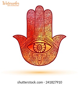 Watercolor vector hand drawn boho hamsa hand, protection amulet, symbol of strength and happiness, isolated design element on white background