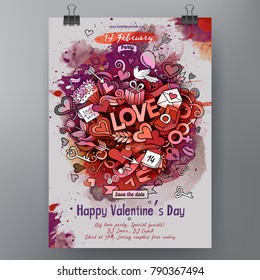 Watercolor vector hand drawn Doodle Happy Valentines Day poster design. All objects are separated