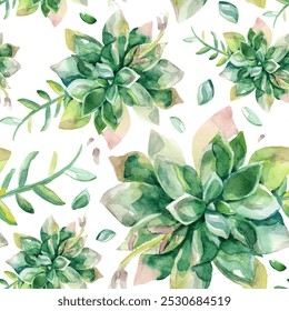 Watercolor vector hand drawn green succulent flowers seamless pattern for trendy design. Floral background in minimalistic style for fabric, print, cover, banner, invitation, paper, wallpaper. Eps 10.