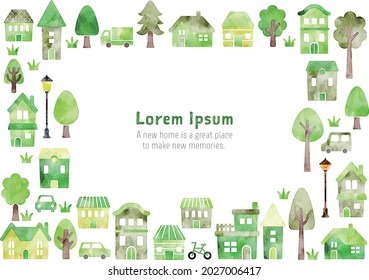 watercolor vector hand drawn houses illustration: decoration frame for card, green