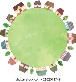 watercolor vector hand drawn houses illustration, small planet
