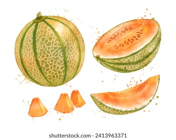 Watercolor vector hand drawn illustration of Melon Cantaloupe whole and slices. With paint splashes.