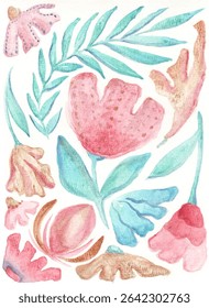 Watercolor vector hand drawn natural floral flowers comosition in matisse style in mint, pink, golden, blue colors. Cute, trendy, tender background for greeting or invitation card, vertical poster.