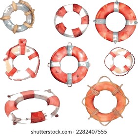 Watercolor vector hand drawn nauticalmarine illustration set of life buoy