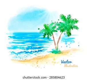 Watercolor vector hand drawn sea landscape.