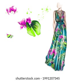 Watercolor vector hand drawn styled   fashion illustrations with the dress used the elements of the surface floral seamless pattern, tropical boho style, inspired with the landscape of Ibiza