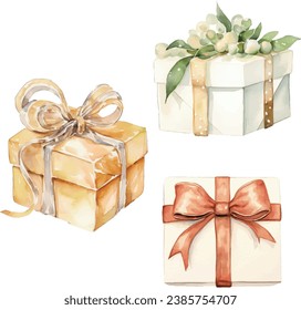 Watercolor vector hand painted set of golden, white boxes with bows, gifts for celebration. Template, elements for greeting cards, invitation, poster, celebration, banner, print, party.