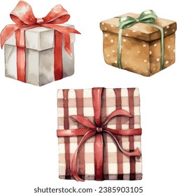 Watercolor vector hand painted set of red plaid, golden, white boxes with bows, gifts for celebration. Template, elements for greeting cards, invitation, poster, celebration, banner, print, party.