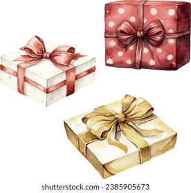 Watercolor vector hand painted set of red, golden, white boxes with bows, gifts for celebration. Template, elements for greeting cards, invitation, poster, celebration, banner, print, party, greeting 