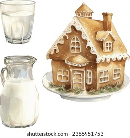 Watercolor vector hand painted winter holiday food set of ginger house, carafe and glass of warm milk. Template, elements for greeting cards, invitation, poster, celebration, banner, print, party.