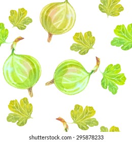 Watercolor vector hand-drawn seamless pattern with  fresh green gooseberry and leaves