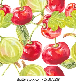 Watercolor vector hand-drawn seamless pattern with red sweet cherry and fresh green gooseberry