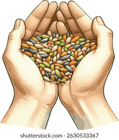 A watercolor vector of hands holding grains