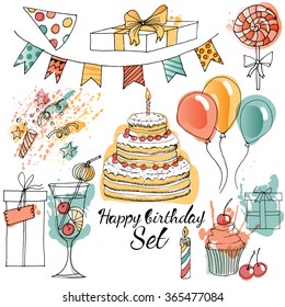 Watercolor Vector Happy Birthday Set