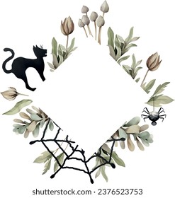 Watercolor vector Happy Halloween frame with spider, spiderweb, black cat, isolated on a white background.