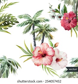 watercolor, vector, hawaii, tropical, palm tree, wallpaper, background, exotic, hibiscus