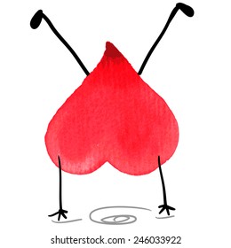 Watercolor vector heart dancing and jumping. Happiness concept. Love concept