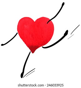 Watercolor vector heart dancing and jumping. Happiness concept. Love concept