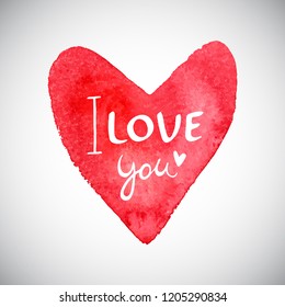 Watercolor vector heart shape with doodle style lettering. Handwritten confession I love you. Hand drawn Valentines day template, painted design element, card. Watercolour stylized heart with stains.