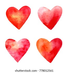 Watercolor vector hearts. Set of 4 hand drawn isolated hearts. Design element