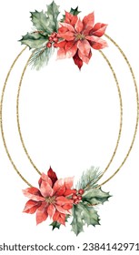 Watercolor vector Holly berries, poinsettia, cedar branches, oval double brilliant golden frame, banner. Hand drawn.Template space for text, message, sign for greeting cards, invitation, wedding card.